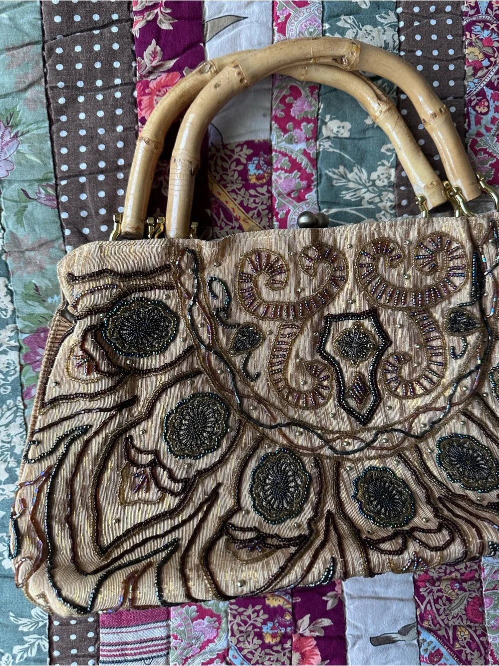 Vintage Embellished Bamboo-Handle Shoulder Bag in Beige